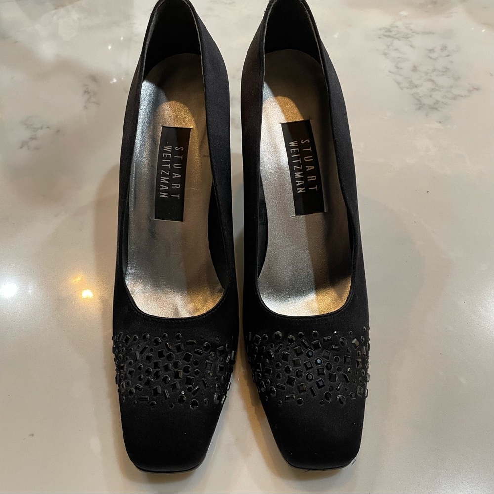 Stuart Weitzman Black Embellished Women's Block Satin Heels Size 8.5B